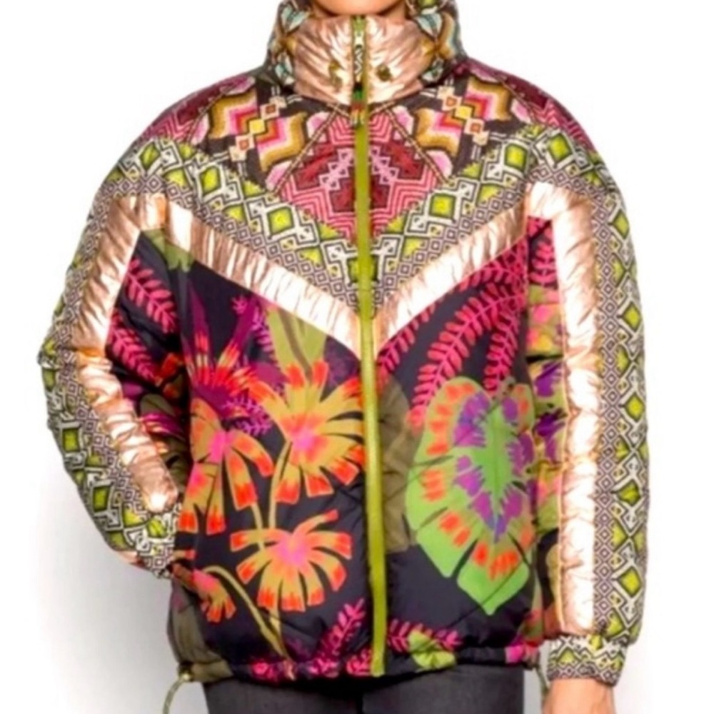 Farm Rio Tropical Rauti Metallic Reversible Puffer Jacket Size M Color Multi